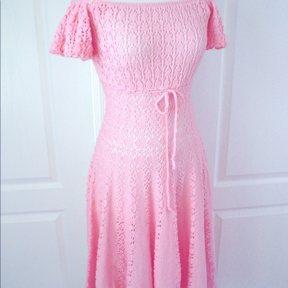 Vintage PINK Crochet Open Work Dress 10feet Skirt - Picture 1 of 13